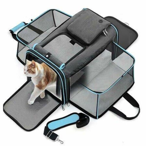 Large Cat Carrier Bag Expandable Soft Sided Pet Backpack Carrier for 1-2 Cats Portable Dog Carry Bag with Removable Fleece Pad for Travel,Camping(Blue)
