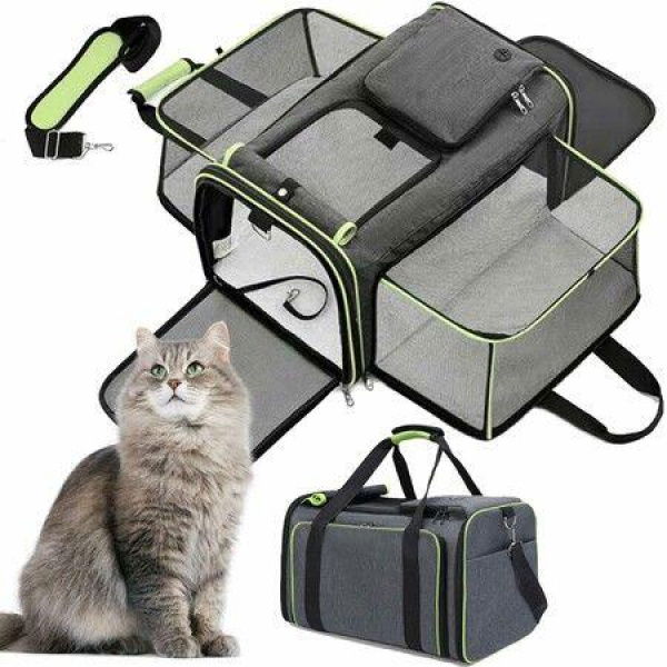 Large Cat Carrier Bag Expandable Soft Sided Pet Backpack Carrier for 1-2 Cats Portable Dog Carry Bag with Removable Fleece Pad for Travel,Camping(Green)