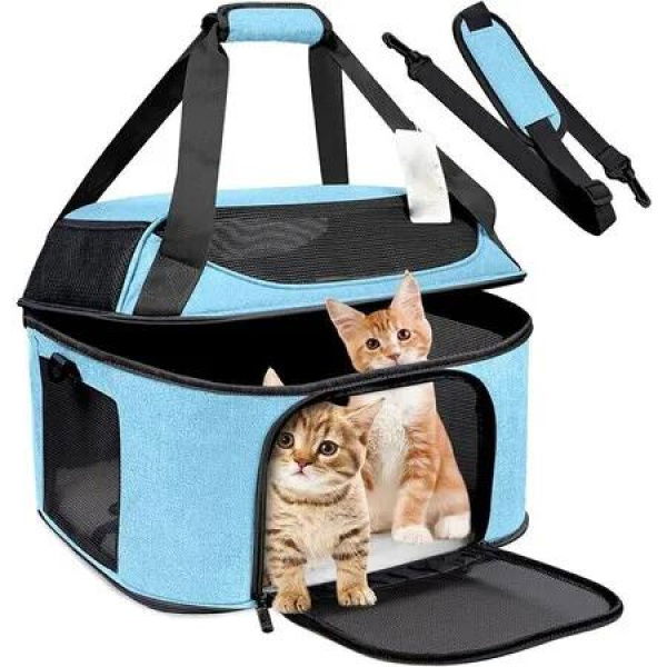 Large Cat Carrier for 2 Cats, Soft Side Pet Carrier for Cats Small Dog Up to 20 lbs, Collapsible Travel Dog Carrier Bag, Backpack (Blue)