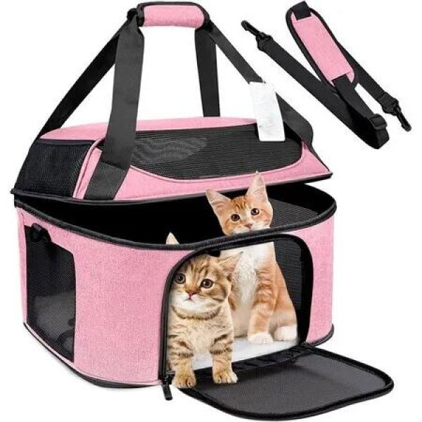 Large Cat Carrier for 2 Cats, Soft Side Pet Carrier for Cats Small Dog Up to 20 lbs, Collapsible Travel Dog Carrier Bag, Backpack (Pink)
