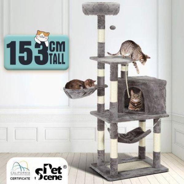 Large Cat Scratching Post Tree Tower Climbing Pole Gym With Playhouse Condo Rope Toy Hammock Perch 153cm Tall