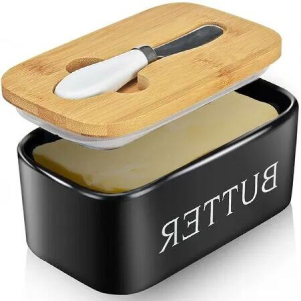 Large Ceramic Butter Dish with Lid and Silicone Seal - Perfect for Kitchen Countertop, Black