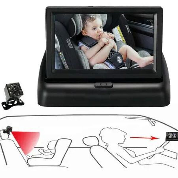 Large Clear 4.3' HD Baby Car Mirror Camera with Night Vision, 480P Resolution Delivers Detailed Images When Driving, Easily Attaches to Car Back seat