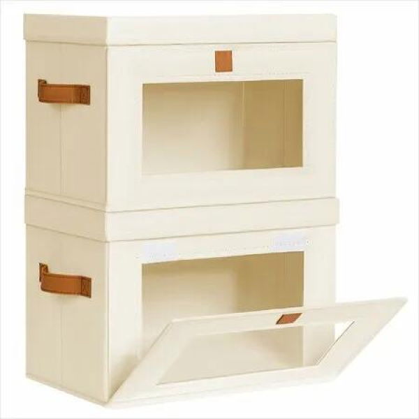 Large Closet Storage Organizer Clothes Storage Bins with Handles,Window,Collapsible Boxes with Lids Fabric Containers for Living Room(2 Pack,Beige)