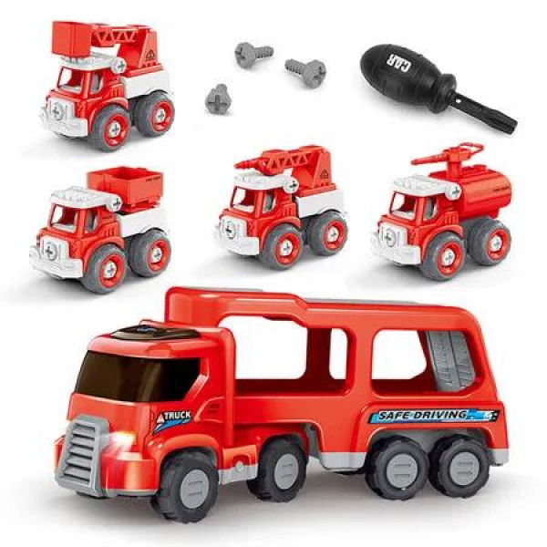 Large Construction Truck Toys Car with Sounds and Lights, 5 in 1 Carrier Toys for Kids, Christmas Birthday Gifts (Red)