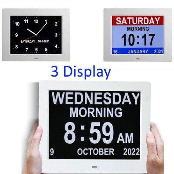 Large Digital Day Clock 8 Alarms Non-Abbreviated Day Month Vision Impaired Seniors White 8-inch 3-interface Display