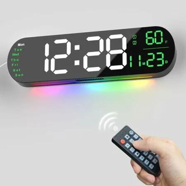 Large Digital Wall Clock for Bedroom, Auto Brightness, Remote Control, Dual Alarm Clock Timer, 12/24H Mode, Temperature, LED Wall Clock for Elder