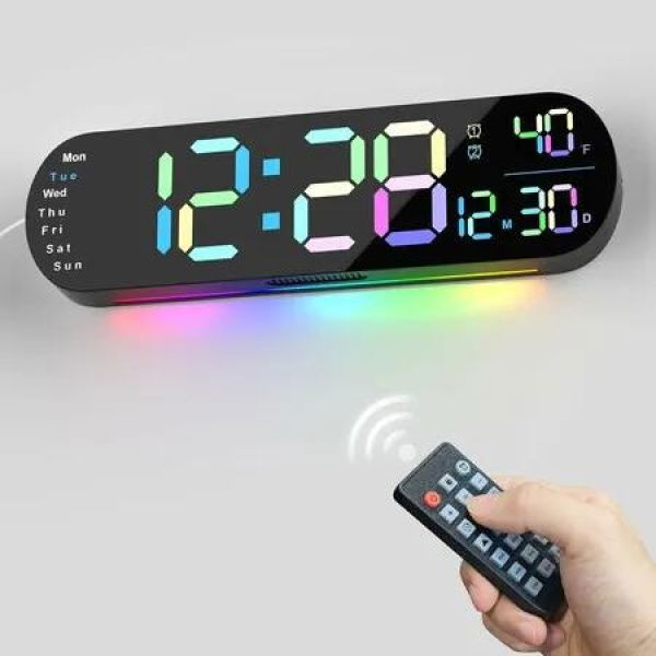 Large Digital Wall Clock for Bedroom, RGB Ambient Light, Remote Control, Dual Alarm Clock Timer, 12/24H Mode, Temperature, LED Wall Clock for Elder