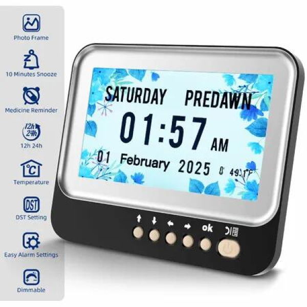 Large Display Alarms and Medicine Reminders Dementia Clock Seniors 6 Display Modes 7 Inch Digital Clock Auto Dimmable Temperature Date