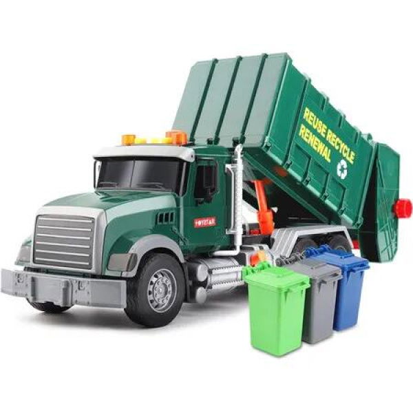 Large Garbage Truck Toy,Friction Powered Waste Management Garbage Truck with Lights and Sounds,3 Rear Loader Trash Cans,Kids Gift