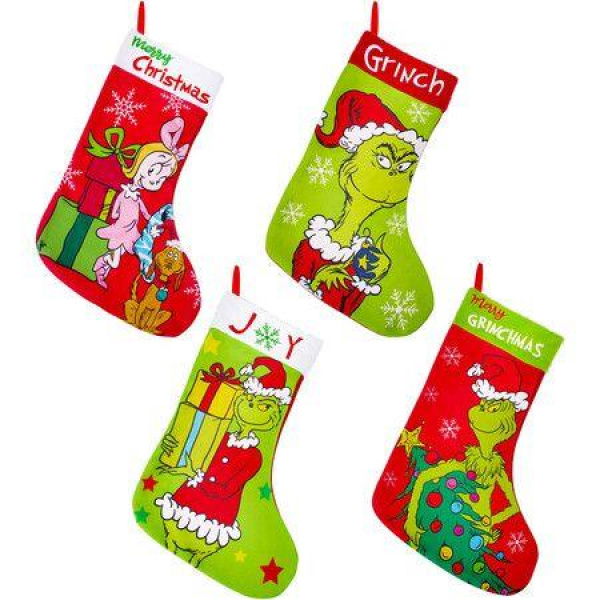 Large Grinch Christmas Stockings Set 4-Pack 18 Inch Whoville-Themed Holiday Stockings for Family Party Decorations