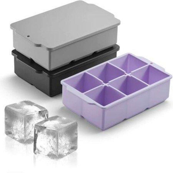 Large Ice Cube Tray with Lid,Stackable Big Silicone Square Ice Cube Mold for Whiskey Cocktails Bourbon Soups Frozen Treats,Easy Release BPA Free (Grey/Black/Purple,3Pack)