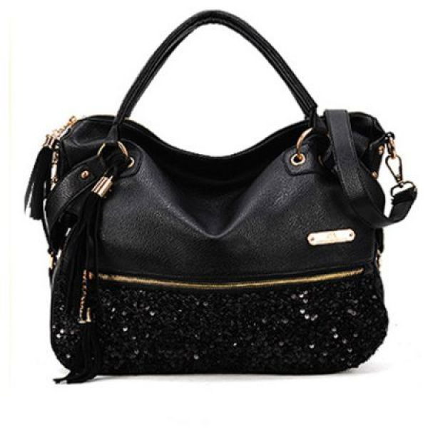 Large Leopard Print Sequin Paillette Women Lady Tassels Handbag Shoulder Bag - Black