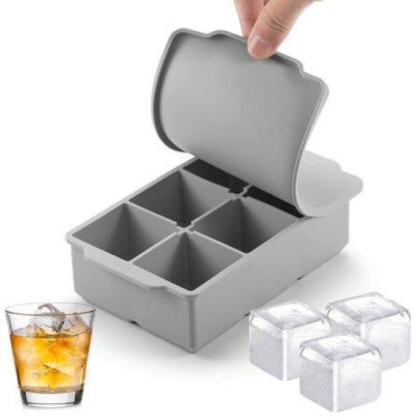 Large Silicone Ice Cube Tray with Lid Stackable Square Mold for Whiskey Cocktails and Frozen Treats Easy Release BPA Free Grey