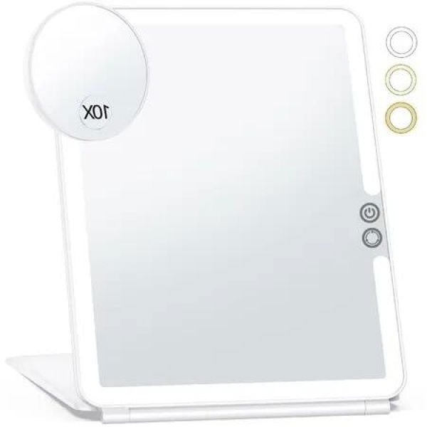 Large Travel Makeup Mirror with 10X Magnification, 3 Colorï¼ŒRechargeable Lighting, and Portable Ultra Slim Design