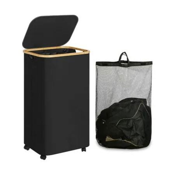 Laundry Basket With Wheels,110L Clothes Hamper For Laundry,Laundry Hamper With Lid And Inner Bag,For Laundry Room,Bedroom,Dormitory Storage,Black