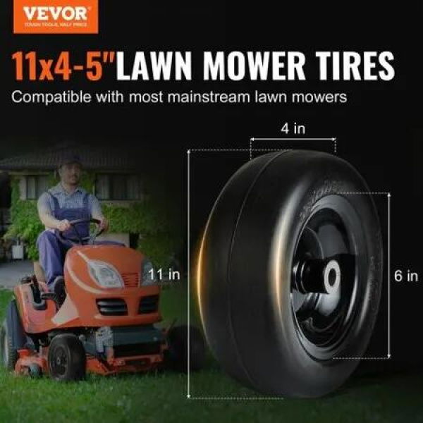 Lawn Mower Tires with Rim, 11x4-7' Tubeless Tractor Tires, 2-Pack Tire and Wheel Assemby, Flat-free PU Tire, 3.4' Centered Hub, 3/4' Bushing Size, 20 PCS Adapters for Riding Mowers Lawn Tractors