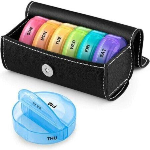 Leather Bag Weekly Pill Organizer 2 Times A Day (Rainbow)