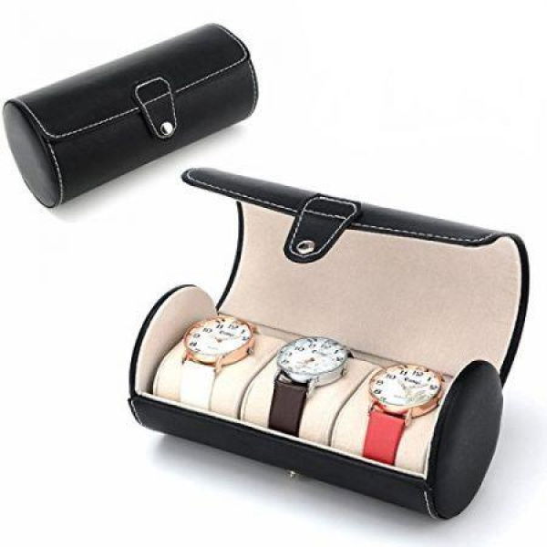 Leatherette Roll Travelers Watch Storage Organizer For 3 Watch Or Bracelets-Black