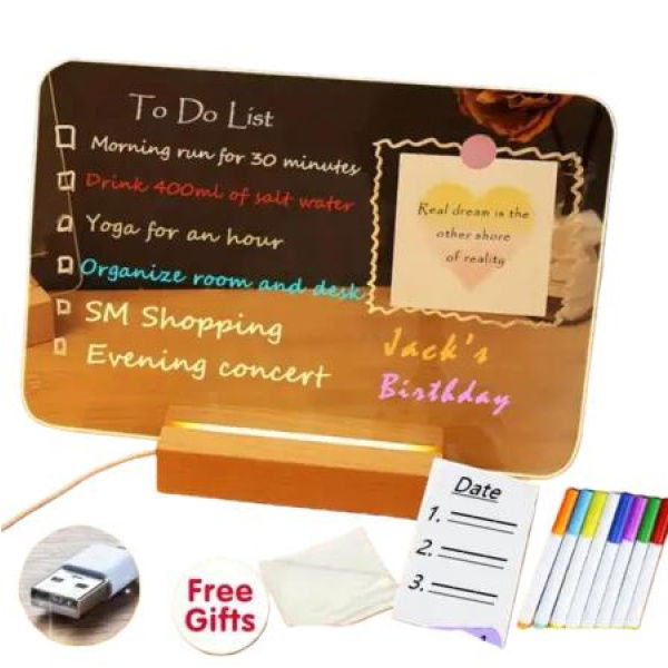 LED Acrylic Note Board 20x20cm Handwritten Light Message Board with Wooden Base Holiday Gift