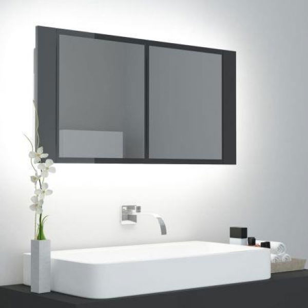 LED Bathroom Mirror Cabinet High Gloss Grey 90x12x45 Cm Acrylic