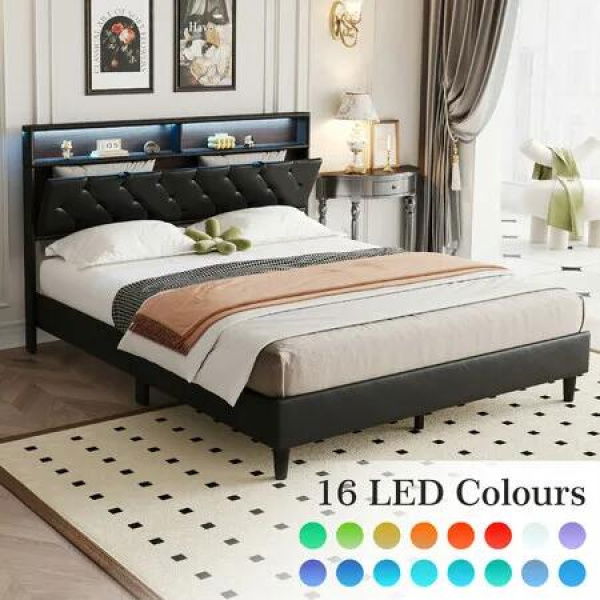 Led Bed Frame Double Size Mattress Base Platform with Storage Headboard Wooden Bedhead Foundation Shelf Bookcase Bedroom Furniture Black PU