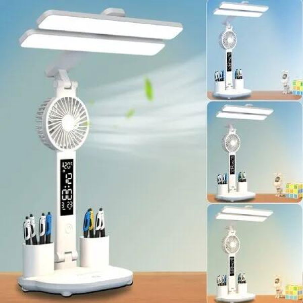 LED Desk Lamp with Fan, Foldable Table Lamp with Clock Date Pen Holder Reading Light for Study Home Office