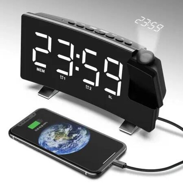 LED Digital Smart Alarm Clock Watch Table Electronic Desktop Clocks USB Wake Up Clock with 180 degree Time Projector Snooze