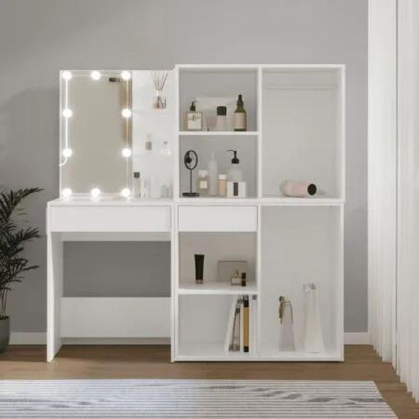 LED Dressing Table with 2 Cabinets White Engineered Wood