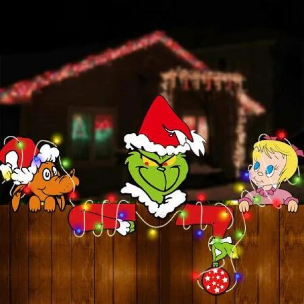 LED Grinches Outdoor Christmas Decorations Fence Yard Decorations 3M LED Lights BATTERY POWER Yard Signs for Christmas Holiday Garden