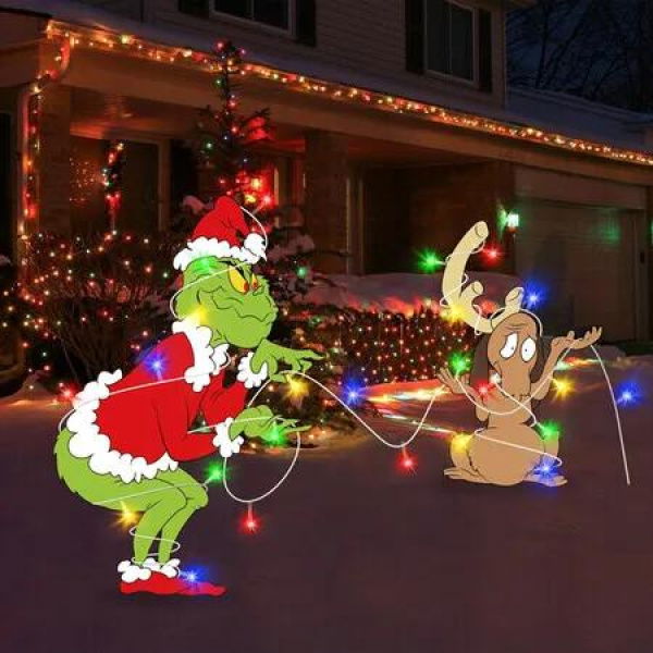 LED Grinches Outdoor Christmas Decorations Fence Yard Decorations 3M LED Lights BATTERY POWER Yard Signs for Christmas Holiday Garden