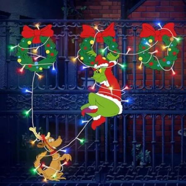 LED Grinches Outdoor Christmas Decorations Fence Yard Decorations 3M LED Lights BATTERY POWER Yard Signs for Christmas Holiday Garden