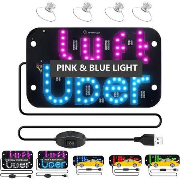 LED Light Sign for Car,Taxi Windshield Light Sign,USB Car LED Display with Suction Cups,Dual-Color Conversion,USB Plug,Improve Night Visibility (Pink+Blue)