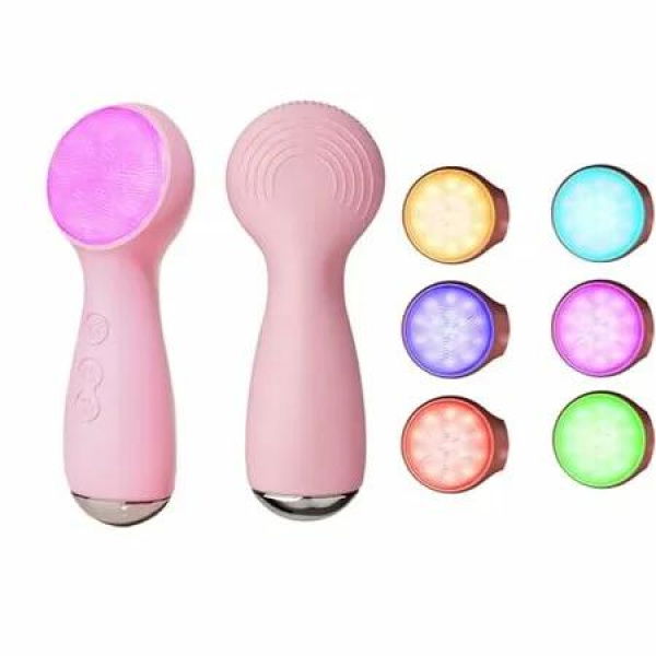 LED Light Skincare Silicone Face Wash Brush Sonic Vibration Face Cleaner Heat 3 Modes Ergonomic Handle Waterproof Face Brush Home Spa Travel (Pink)