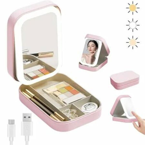 LED Lighted Travel Makeup Mirror Lights jewelry Box USB Power Light Colors Adjustable Brightness 3Colors Dimmable Portable Gift Girl Women