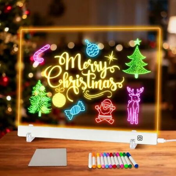 LED Note Board with Colors,40 x 30 cm Led Drawing Board for Kids,Light Up Acrylic Dry Erase Boards with Stand,Christmas & Birthday Gifts