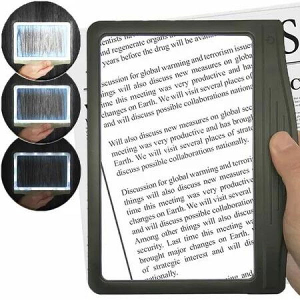 LED Page Magnifier Large 4X Ultra Bright 12 Anti Glare Dimmable Eye Strain Relief Reading Small Prints Low Vision Aid Tool