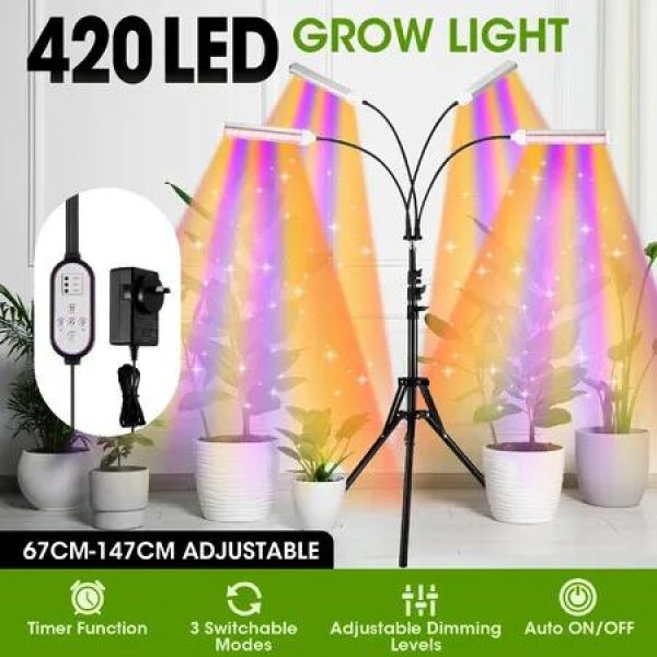 LED Plant Grow Light Full Spectrum Indoor Flower Growing Lamp 4 Heads 420 LEDs Rotatable Adjustable Tripod Stand Auto Timer
