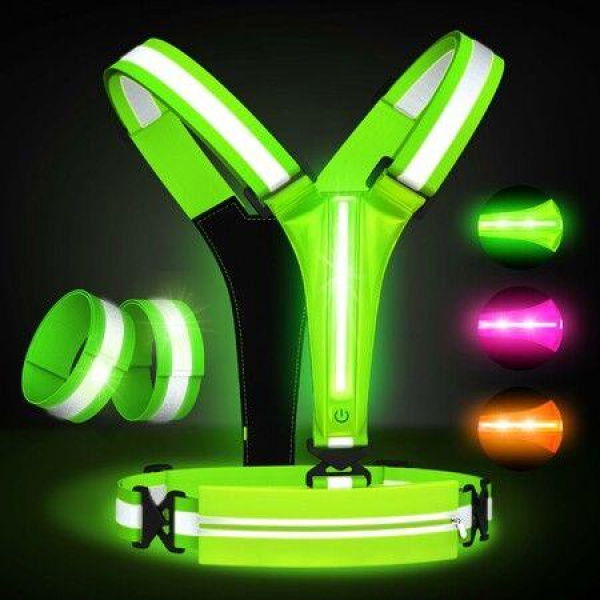 LED Reflective Vest Running Gear Set,USB Rechargeable Light Up Running Vest for Runners Night Walking with Waterproof Phone Bag (Green)