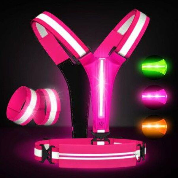 LED Reflective Vest Running Gear Set,USB Rechargeable Light Up Running Vest for Runners Night Walking with Waterproof Phone Bag,High Visibility Armband,Adjustable Waist&Shoulder for Men Women (Pink)