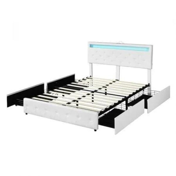 Levede Double Bed Frame RGB LED PU 4 Drawer USB