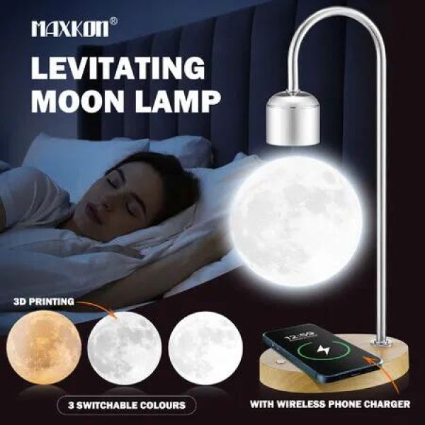 Levitating Moon Light LED Floating Bedside Table Night Lamp 3D Printing Magnetic Home Decor 3 Colours Phone Charger