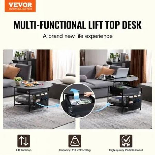 Lift Top Coffee Table 35.3' Round Coffee Table for Living Room Black