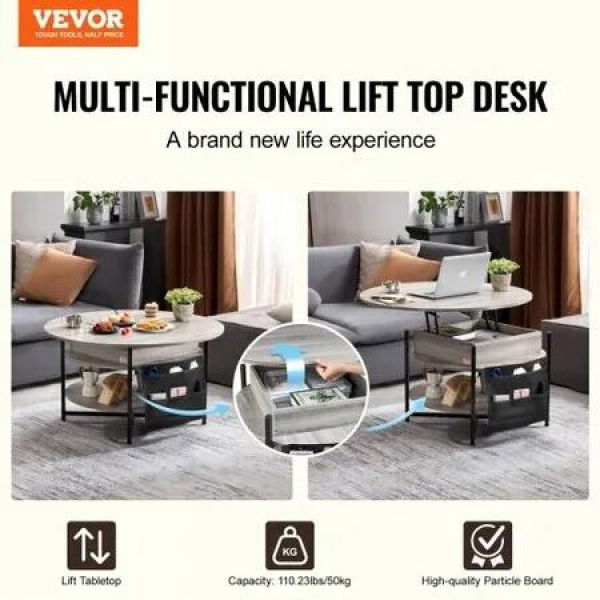 Lift Top Coffee Table 35.3' Round Coffee Table for Living Room White