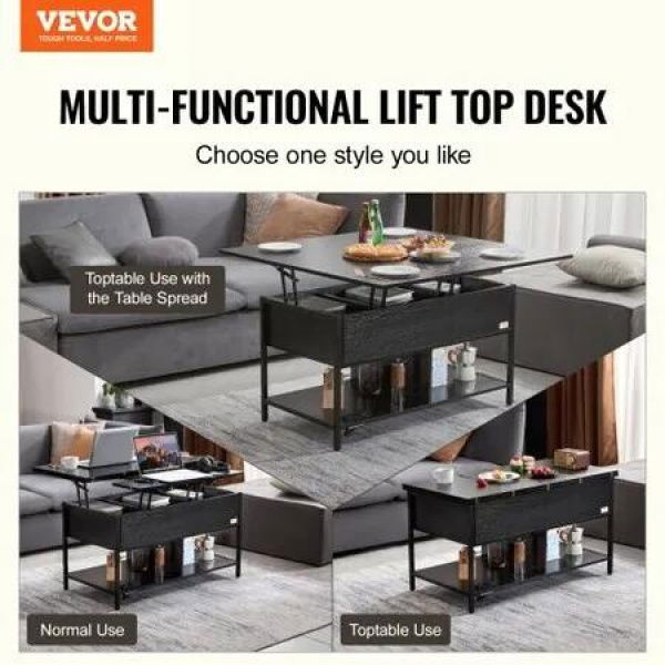 Lift Top Coffee Table 39.4' Rectangle Coffee Table with Light & USB Black