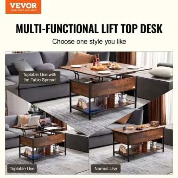 Lift Top Coffee Table 39.4' Rectangle Coffee Table with Light & USB Brown