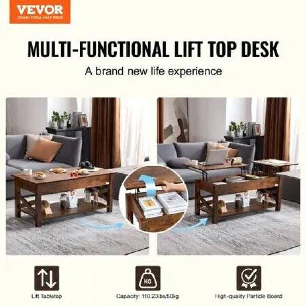 Lift Top Coffee Table 47.5' Rectangle Coffee Table for Living Room Brown