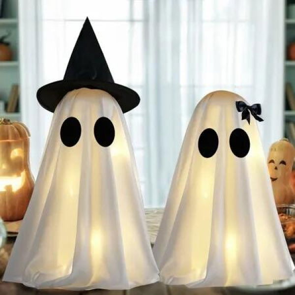 Light Up Halloween Ghost Decorations,Set of 2 DIY Spooky Ghosts Crafts,Scary Ghost for Halloween Decor Indoor Home Mantel Shelf & Tabletop Decor