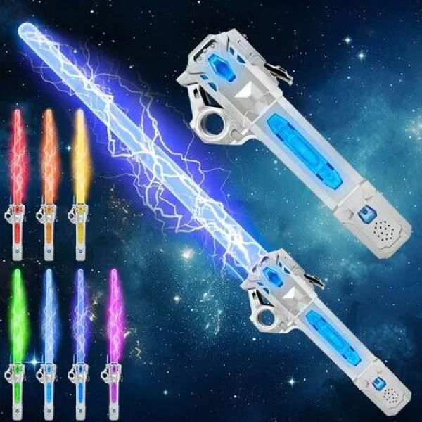 Light Up Sword, Flashing Dueling Sabers for Kids with FX Sound Retractable Blade, 7 Light Color War Warriors Weapon Toy, Christmas Birthday Gift, Silver