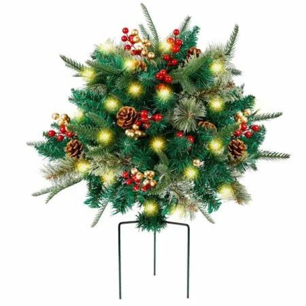 Lighted Artificial Christmas Urn Filler,Pre-lit Xmas Pine Trees with Cones,Golden Red Berries,Tripod Stake and 60 LED Lights,Outdoor Light Up Planter Filler Holiday Home Decor,1 Pack